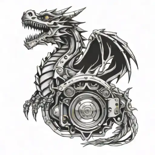 A mechanical dragon made of car parts breathing fire on a gaming controller tattoo design idea