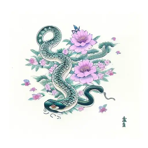 Flower with Butterflies and a snake tattoo design idea