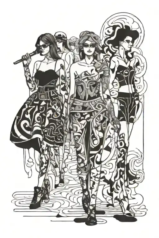 A fashion runway with models showcasing different clothing styles and designs tattoo design idea