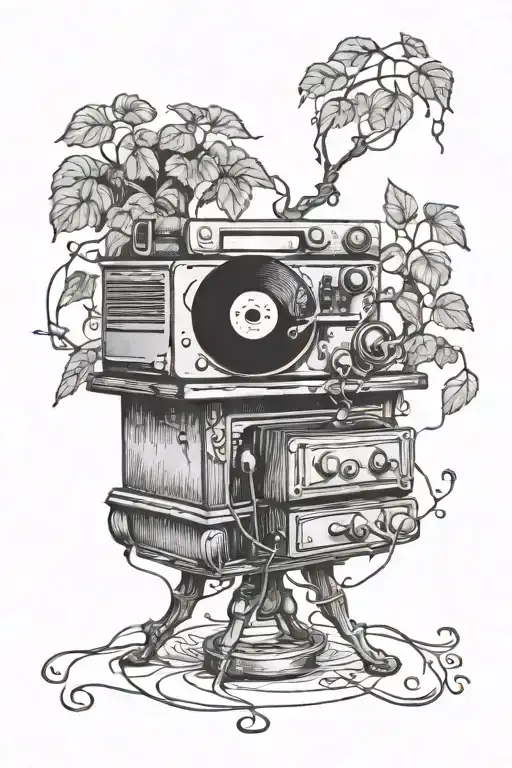 Vintage record player with vines growing around it tattoo design idea