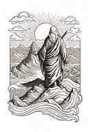 Moses parting the Red Sea standing on a mountain peak with a cross tattoo design idea