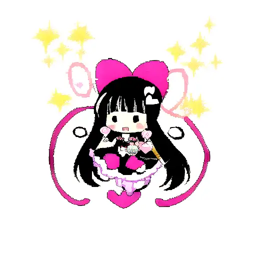 kawaii kuromi holding hearts and bubbles all over with bright colors tattoo design idea