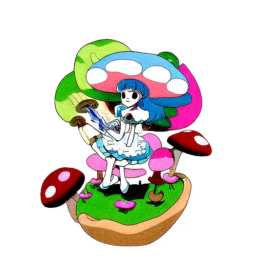 melanie martinez fairy with a knife while sitting on a mushroom with flowers all over tattoo design idea