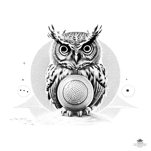 An owl perched on a golf ball, with constellations forming in the night sky above tattoo design idea