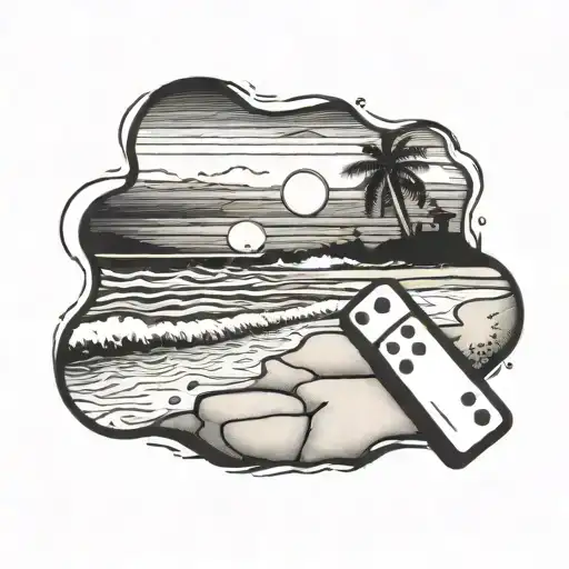 beach sunset with a domino piece at the right corner and a baseball ball at the left corner  tattoo design idea