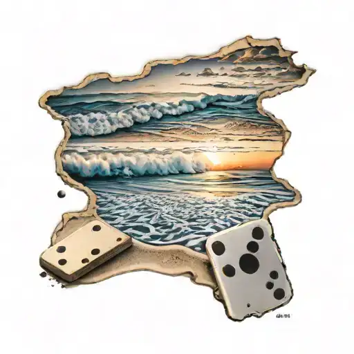 beach sunset with a domino piece at the right corner and a baseball ball at the left corner  tattoo design idea