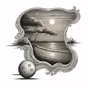 beach sunset with a domino piece at the right corner and a baseball ball at the left corner  tattoo design idea