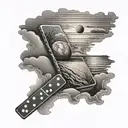 beach sunset with a domino piece at the right corner and a baseball ball at the left corner  tattoo design idea