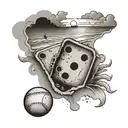 beach sunset with a domino piece at the right corner and a baseball ball at the left corner  tattoo design idea