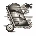 beach sunset with a domino piece at the right corner and a baseball ball at the left corner  tattoo design idea