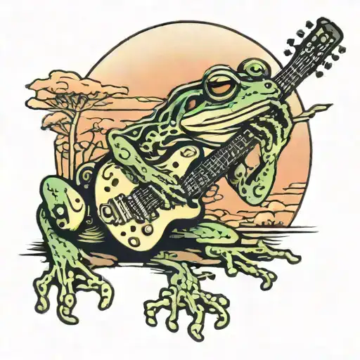 A frog playing a guitar at sunset in the southern countryside tattoo design idea