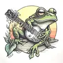 A frog playing a guitar at sunset in the southern countryside tattoo design idea