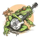 A frog playing a guitar at sunset in the southern countryside tattoo design idea