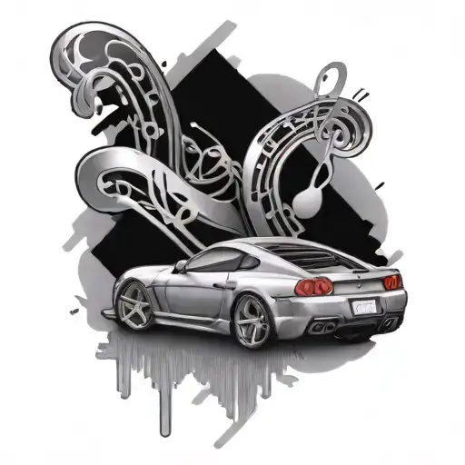 An intricate black and grey tattoo of a stack of money morphing into a sleek sports car with a music note hidden within the design tattoo design idea