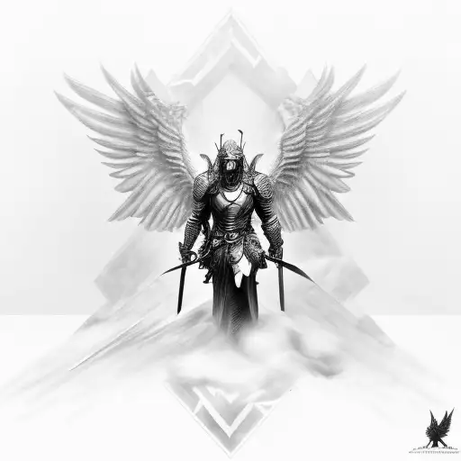 male ark Angel, armour, fighting demons, battle, huge torn wings, sword tattoo design idea