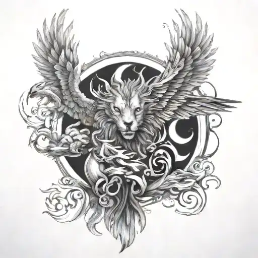 phoenix with wolf , bull and lion tattoo design idea