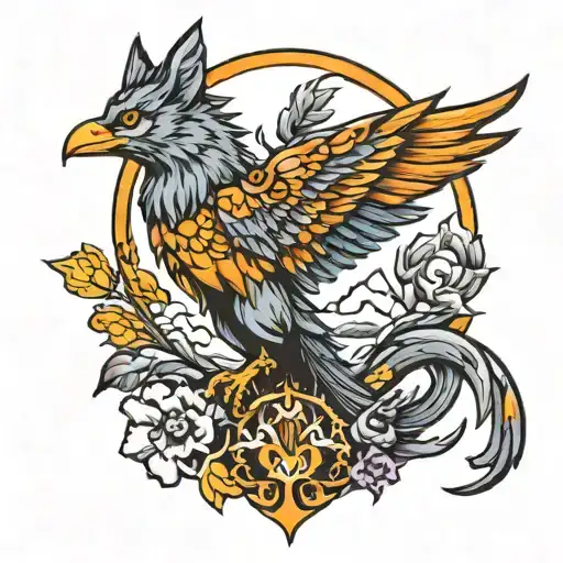 phoenix with wolf  tattoo design idea