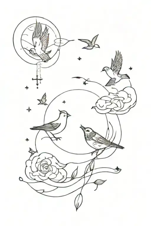 with symbols such as birds cloud sun tattoo design idea