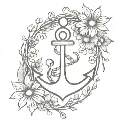 A minimalist design of an anchor surrounded by a wreath of daisies, representing the client's love for nature and stability in their life tattoo design idea