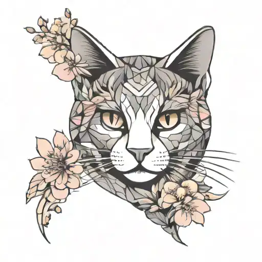 A sleek and modern design incorporating digital fingerprints into a traditional Japon-inspired tattoo of a cat surrounded by sakura flowers tattoo design idea