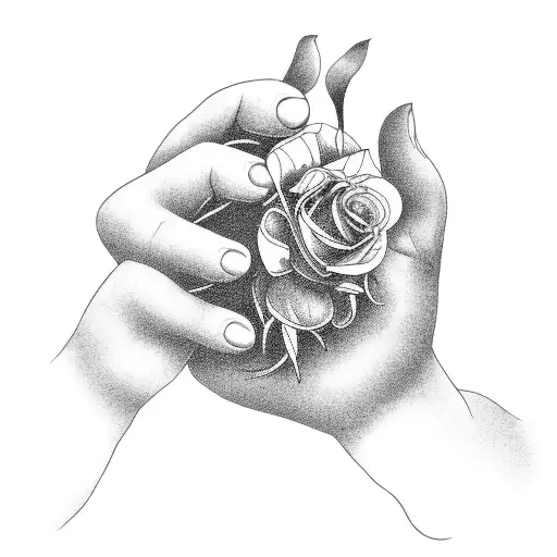 A truck driver's hand holding a wilted flower, representing the fleeting nature of life, in blackwork style. tattoo design idea