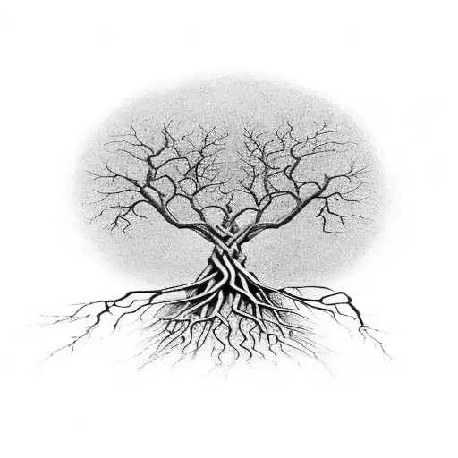 A skeletal tree with roots that spell out 'memento vivere' (remember to live), in black-grey style. tattoo design idea
