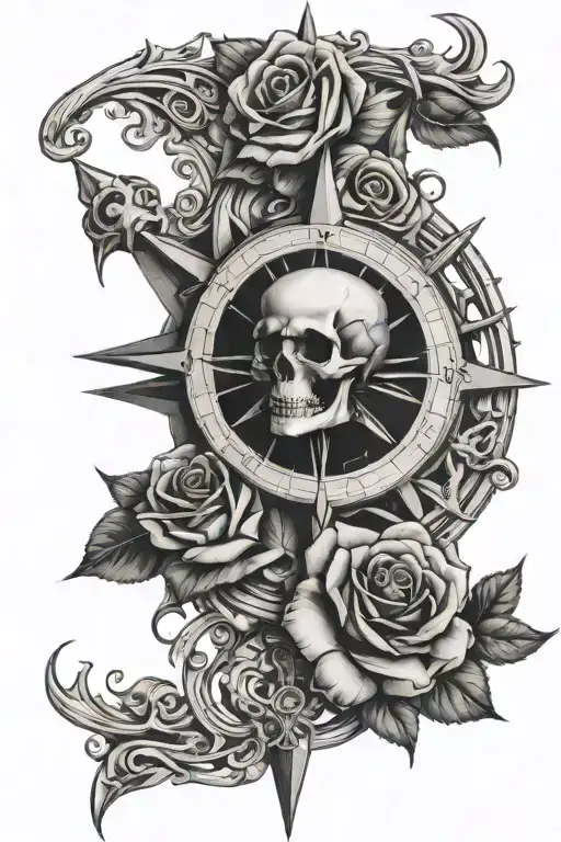 compass needle with skull and rose intertwined tattoo design idea
