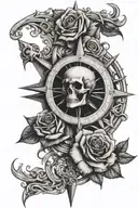 compass needle with skull and rose intertwined tattoo design idea