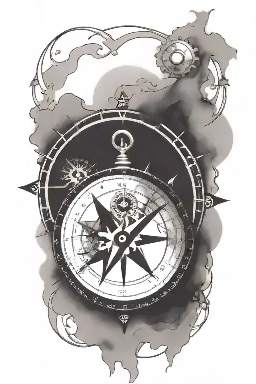 compass with a clock behind it tattoo design idea