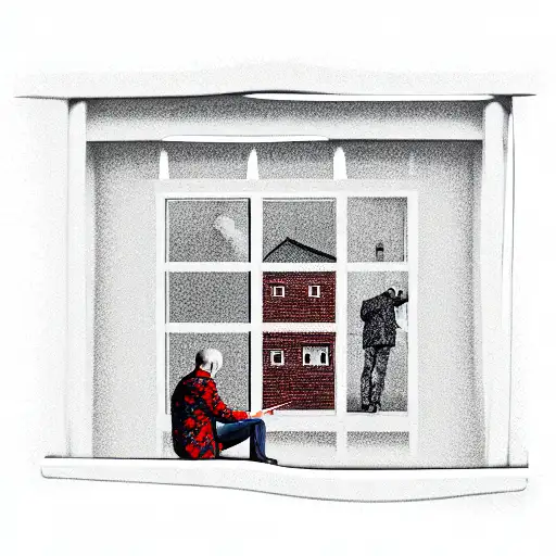 Russian Panel house in each window a person doing depression things as smoking tattoo design idea