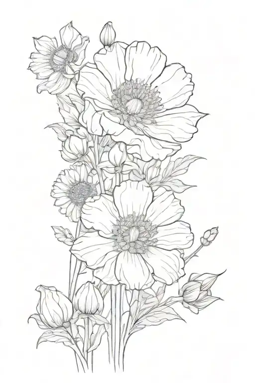 poppy, Chrysanthemum, marigolds, daffodil and daisies tattoo design idea