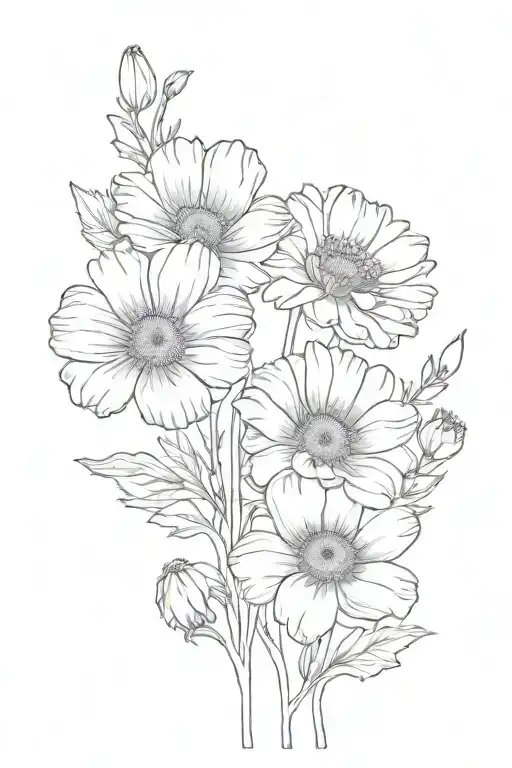 poppy, Chrysanthemum, marigolds, daffodil and daisies tattoo design idea