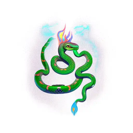 On a black background, a green snake with a scale burning blue fire wraps around a large fork. Cyber implants are visibl tattoo design idea