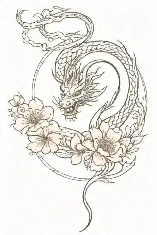 Chinese dragon with sakura flowers tattoo design idea