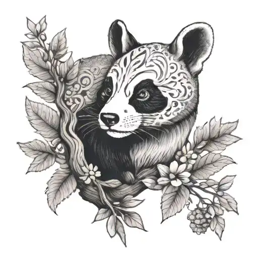 You can see a tree with a panda and a fox next to it. In its branches you can see a squirrel and a hummingbird flying tattoo design idea