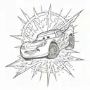 A sketch-style tattoo of Lightning McQueen with a trail of lightning behind him tattoo design idea