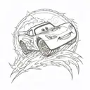 A sketch-style tattoo of Lightning McQueen with a trail of lightning behind him tattoo design idea