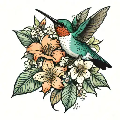 hummingbird and grapefruit blossoms tattoo design idea