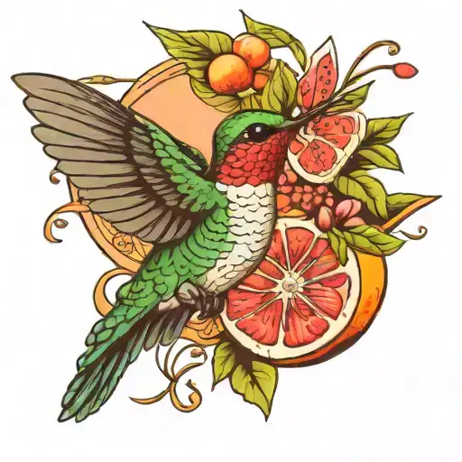 hummingbird and grapefruit tree tattoo design idea
