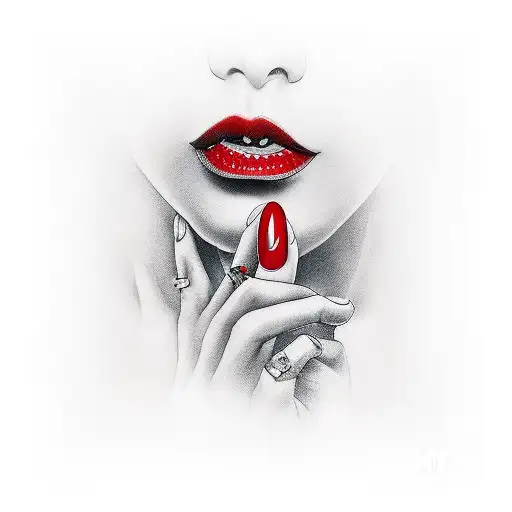 lady with red lips holding her finger infront of her lips telling someone to keep quiete with two swollows tattoo design idea
