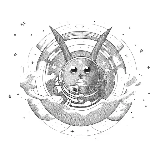 an astronaut  with the devile's horn  floating lost in the sky in the void with background stars and moon... tattoo design idea