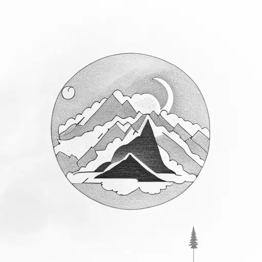 A silhouette of a hiker gazing at a full moon rising above a mountain peak in the distance, with a huge waterfall emergi tattoo design idea