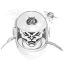 satanic astronaut with the devile's horns coming out of his space helmet lost in space trying to reach for the spaceship tattoo design idea