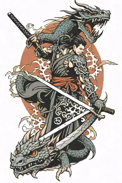 katana fighter and dragon tattoo design idea