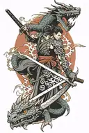 katana fighter and dragon tattoo design idea