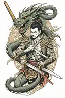 katana fighter and dragon tattoo design idea