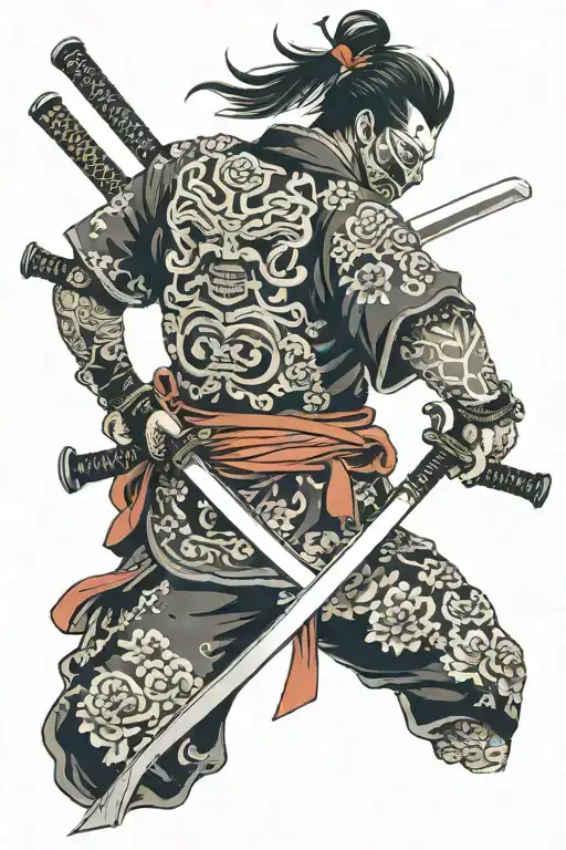 Japanese-style katana on the back, wearing a katana with a hanya mask tattoo design idea