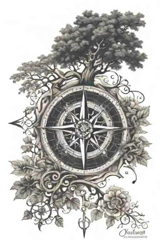 compass rose with Tree of Life overlaid symbols for family tattoo design idea