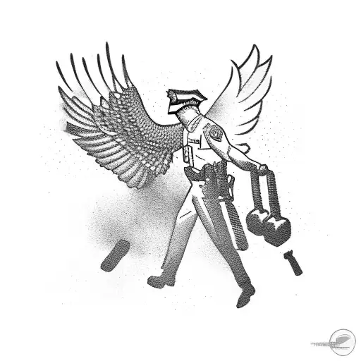 Police officer silhouette lifting weights with a vulture on their shoulder tattoo design idea