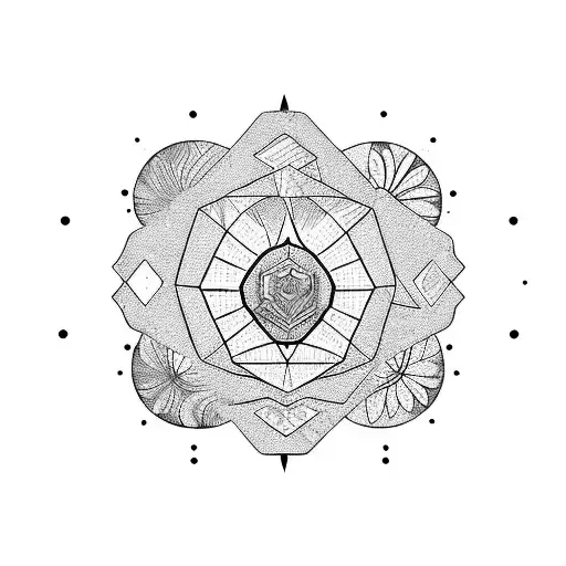 A geometric island surrounded by water and adorned with colorful flowers tattoo design idea